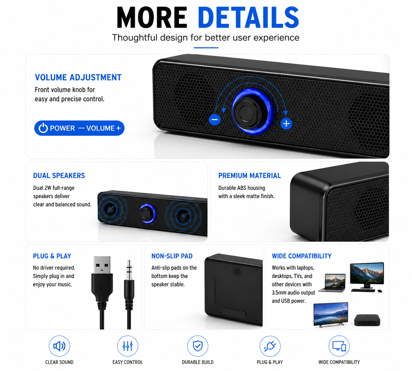 Compact Desktop Soundbar – Stereo Speaker for Monitor PC & Gaming