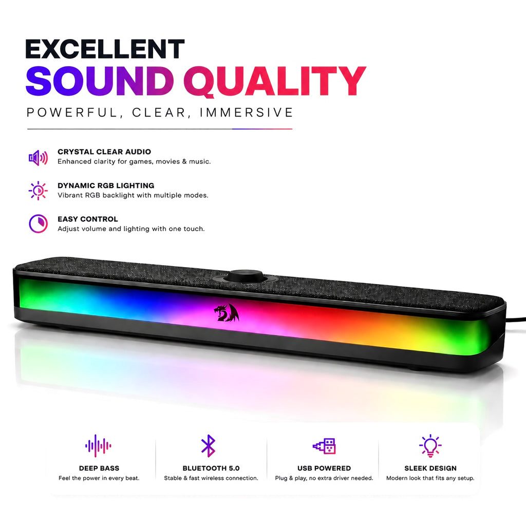 Redragon GS515 RGB 2.0 Channel Stereo Soundbar - Bluetooth 5.3 Speaker, USB Type-C