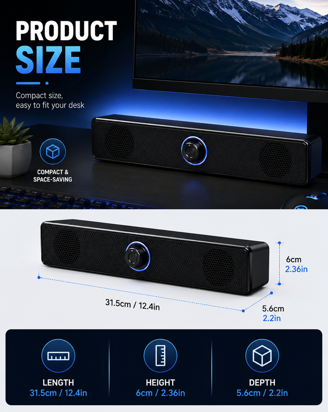 Compact Desktop Soundbar – Stereo Speaker for Monitor PC & Gaming