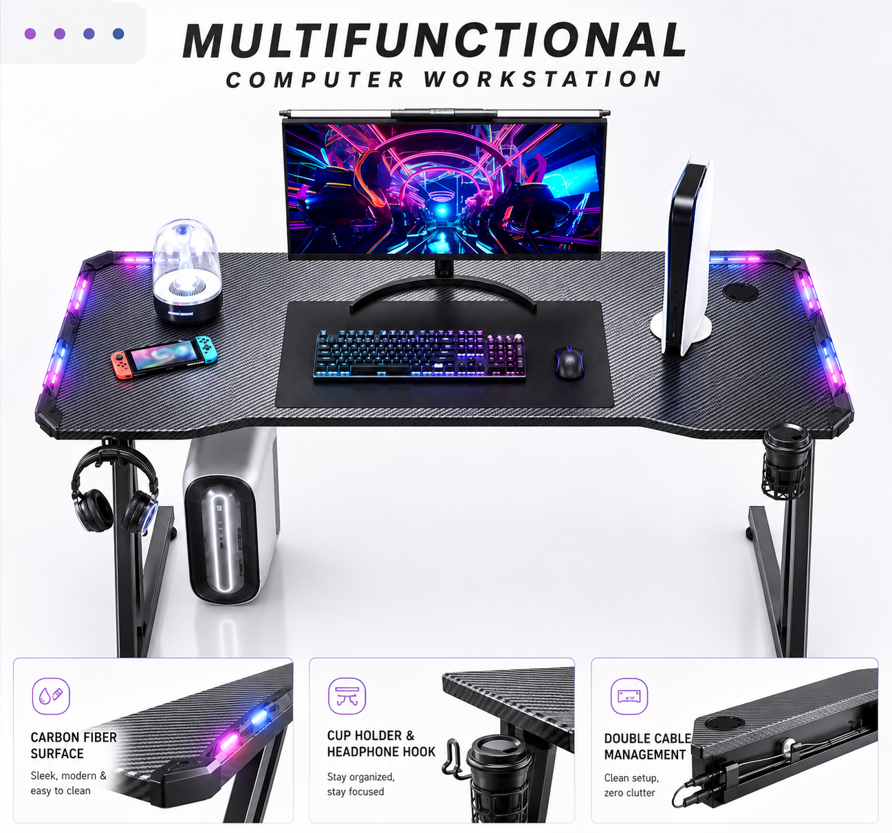 RGB Gaming Desk – Carbon Fiber Computer Desk with Accessories