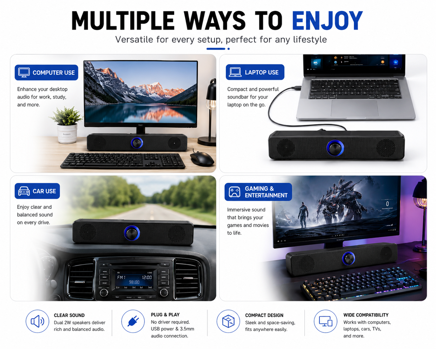 Compact Desktop Soundbar – Stereo Speaker for Monitor PC & Gaming