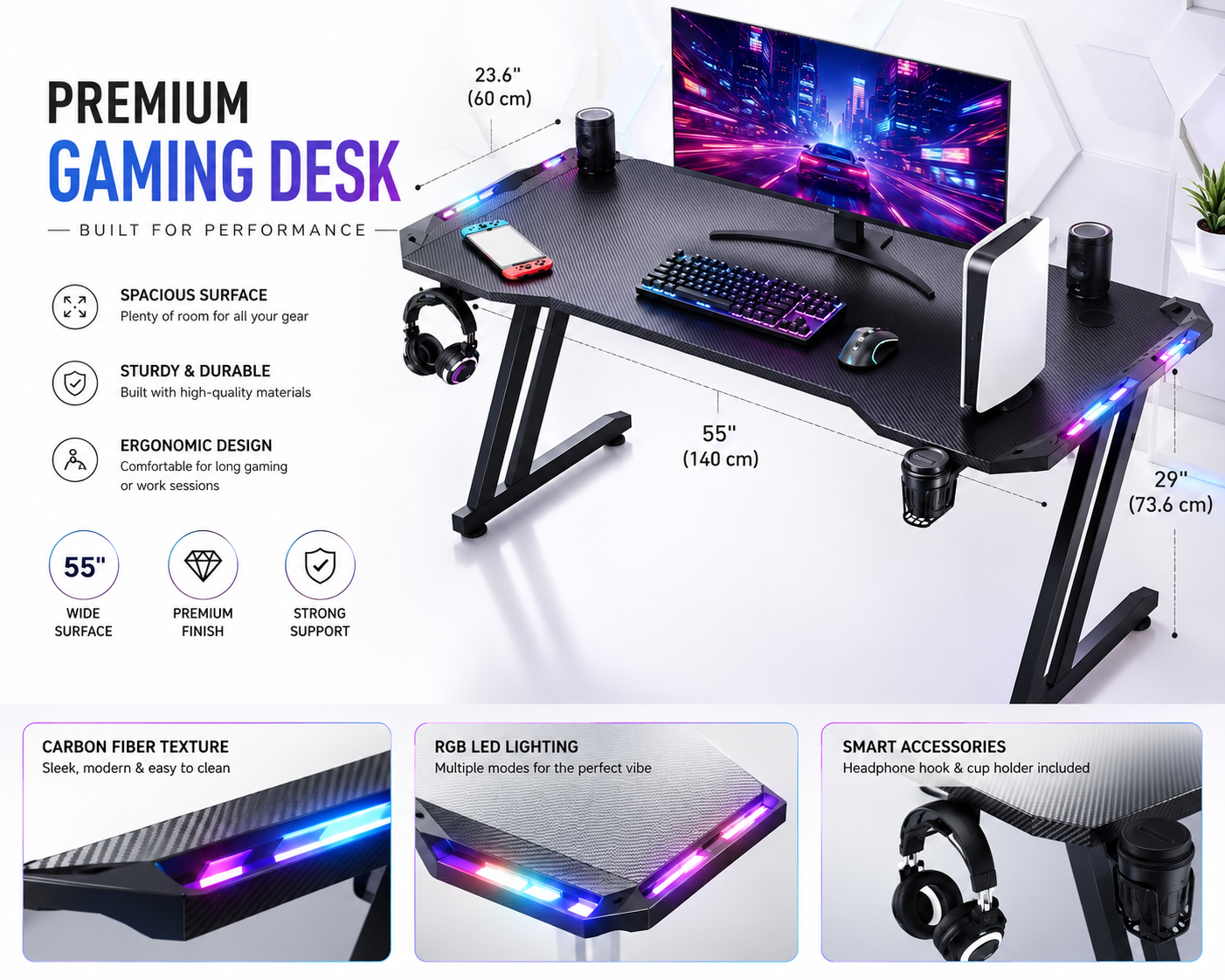 RGB Gaming Desk – Carbon Fiber Computer Desk with Accessories