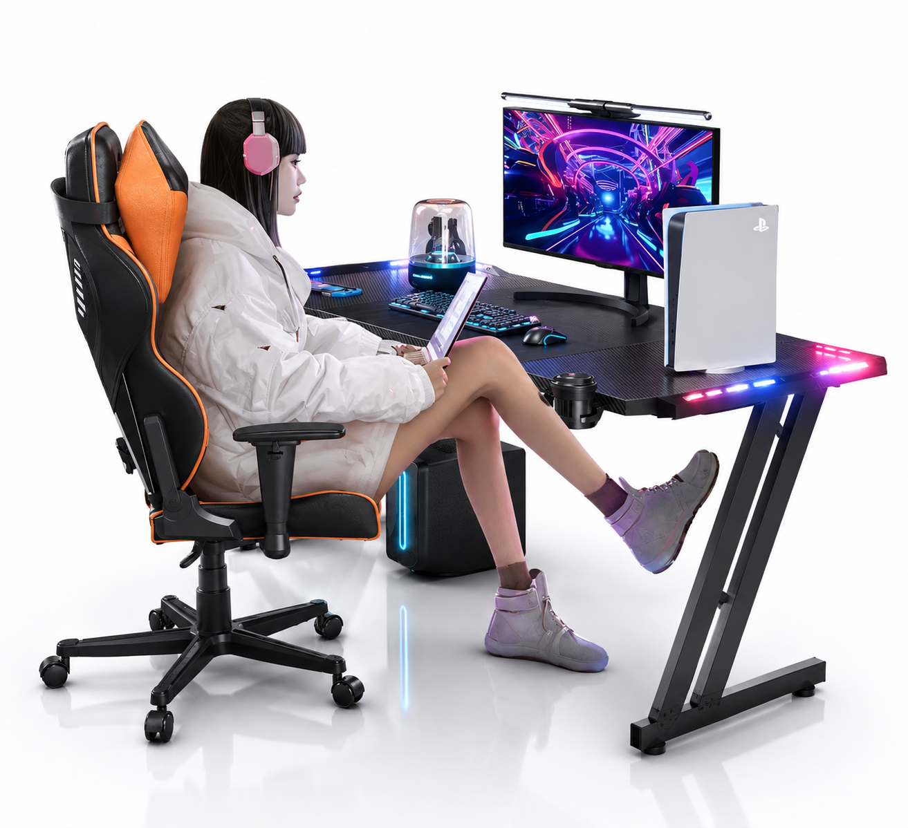 RGB Gaming Desk – Carbon Fiber Computer Desk with Accessories