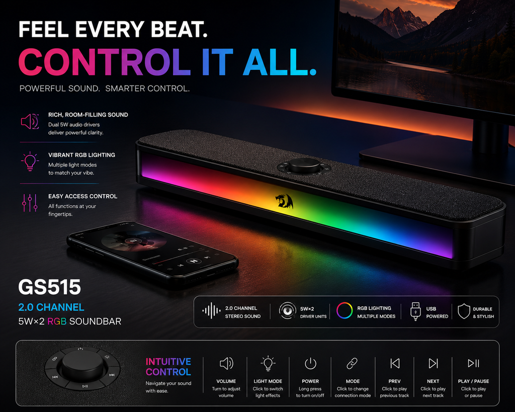 Redragon GS515 RGB 2.0 Channel Stereo Soundbar - Bluetooth 5.3 Speaker, USB Type-C