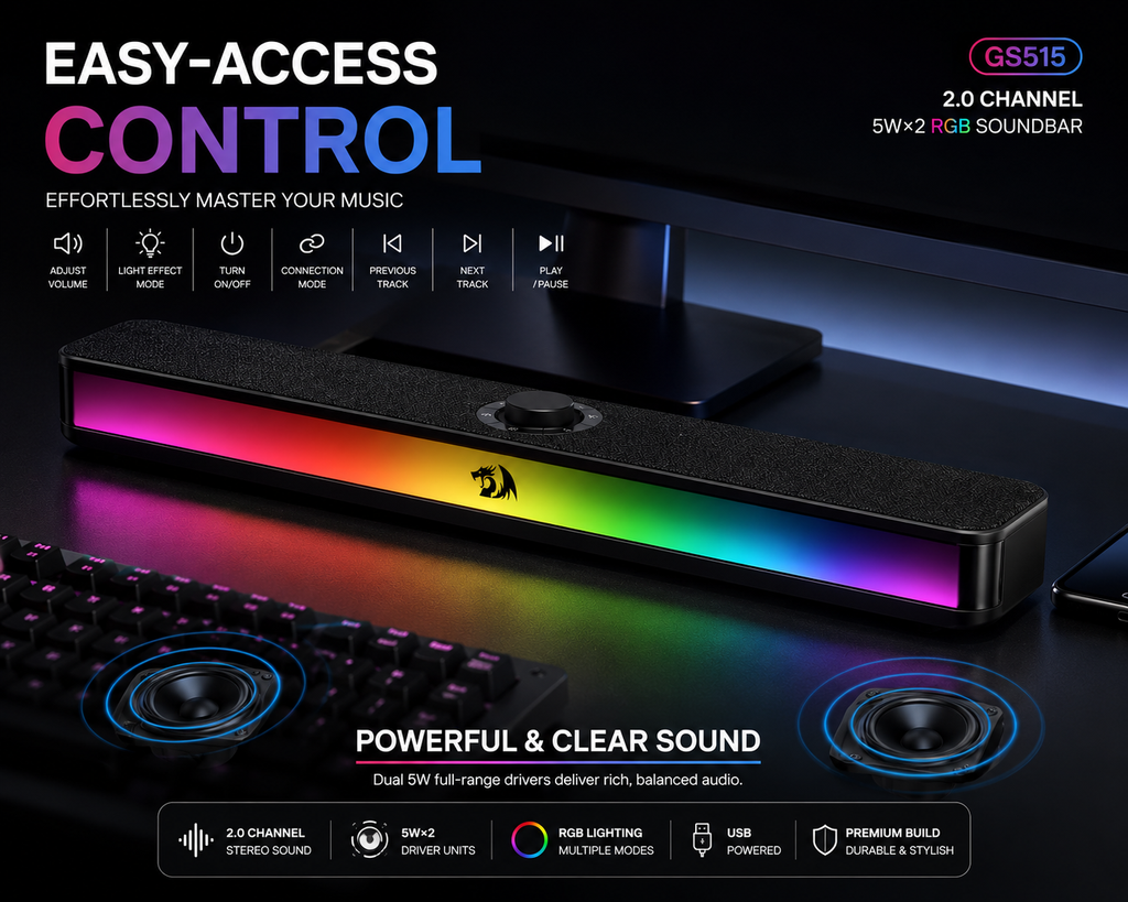 Redragon GS515 RGB 2.0 Channel Stereo Soundbar - Bluetooth 5.3 Speaker, USB Type-C