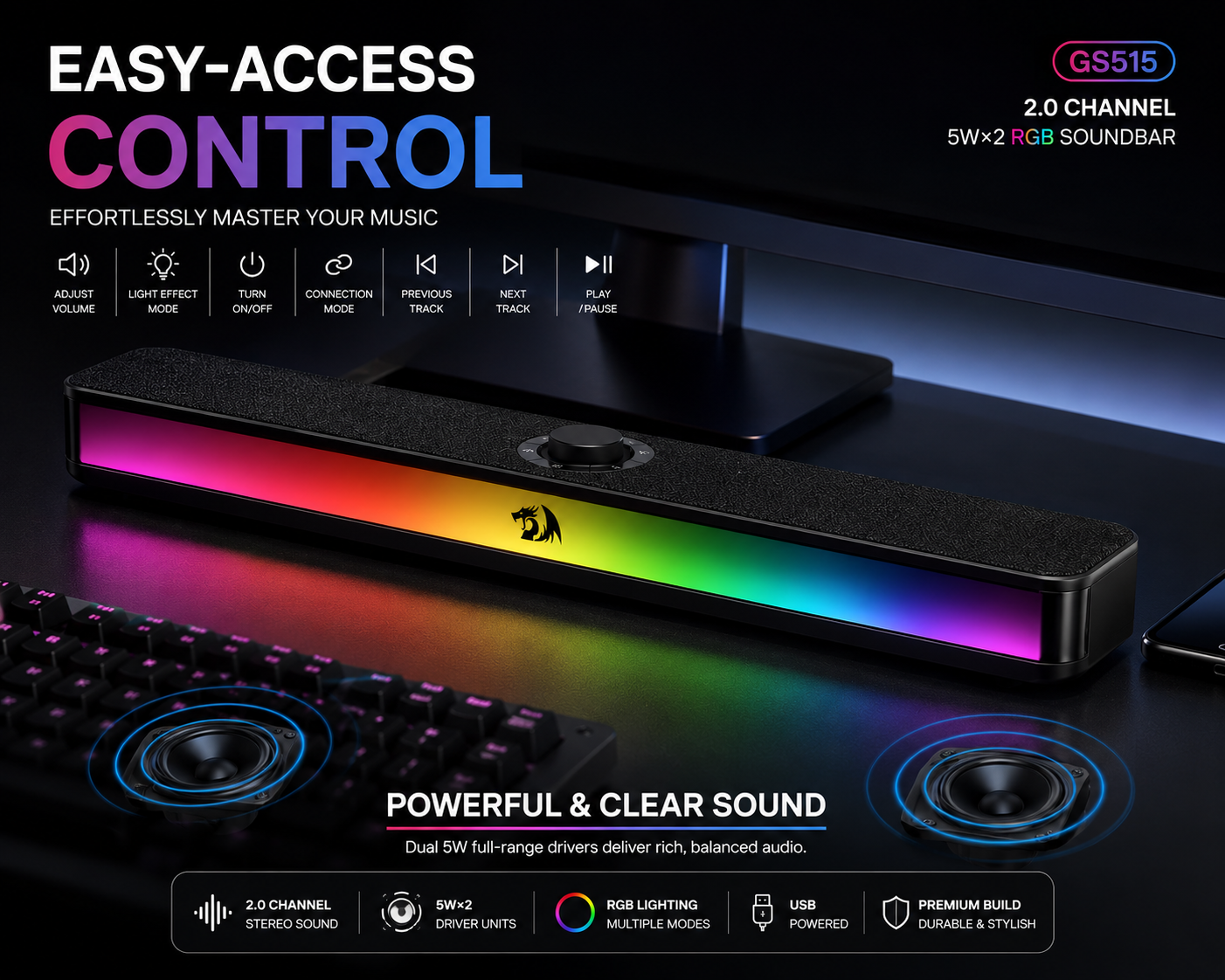 Redragon GS515 RGB 2.0 Channel Stereo Soundbar - Bluetooth 5.3 Speaker, USB Type-C