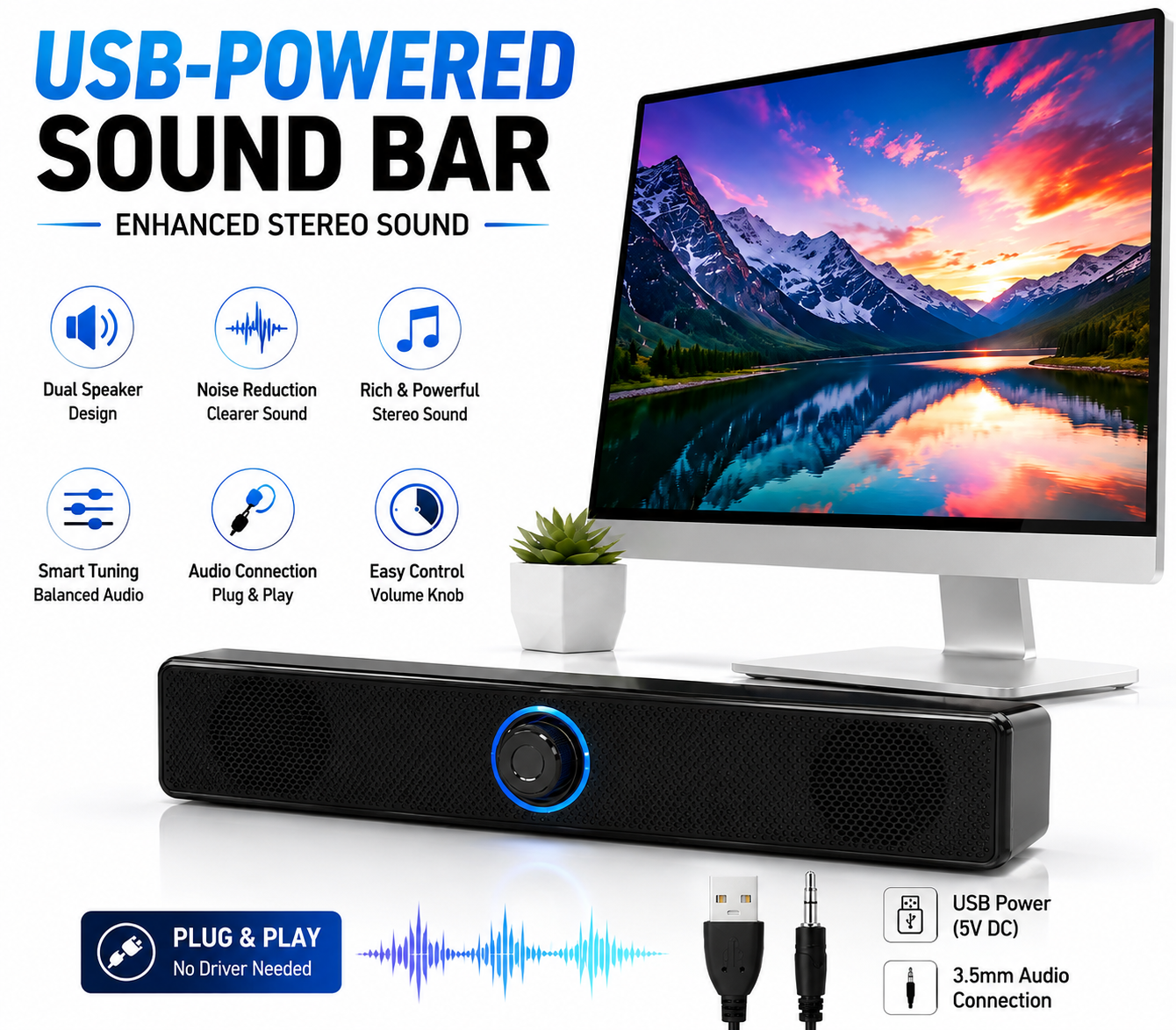 Compact Desktop Soundbar – Stereo Speaker for Monitor PC & Gaming