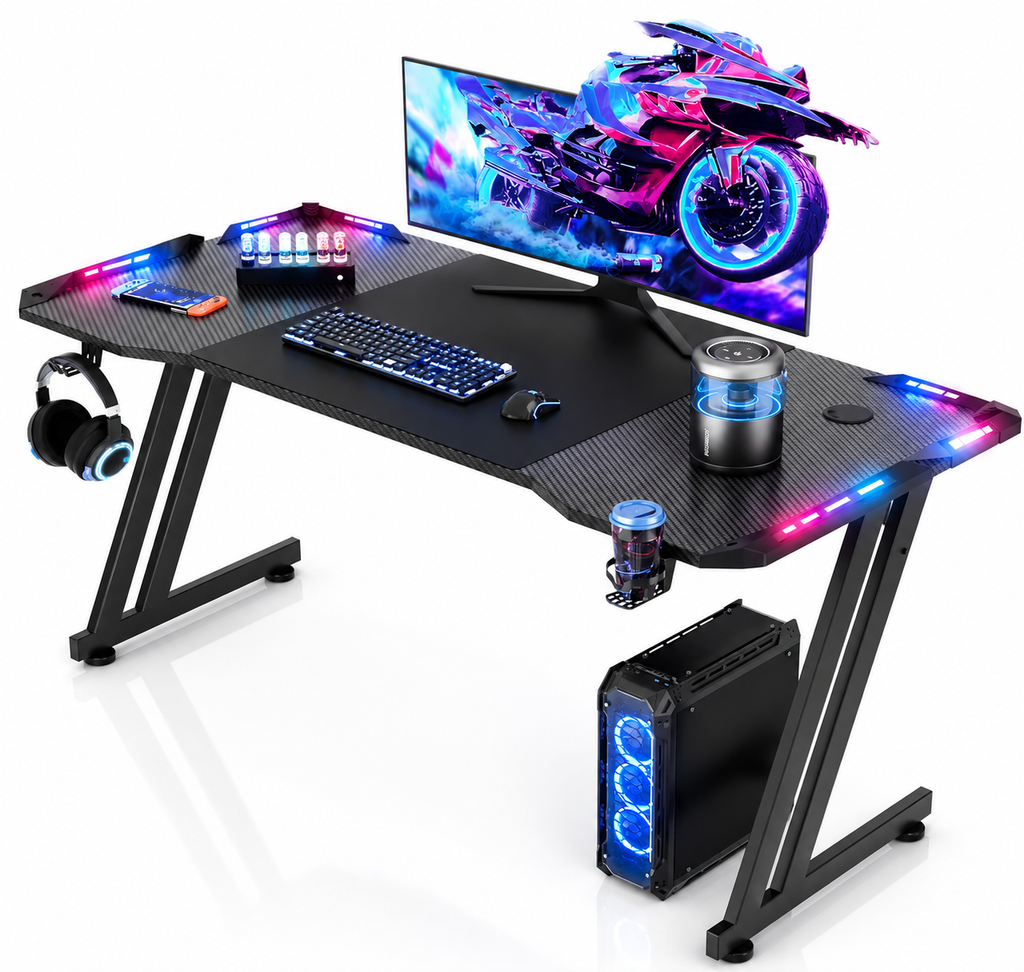 RGB Gaming Desk – Carbon Fiber Computer Desk with Accessories