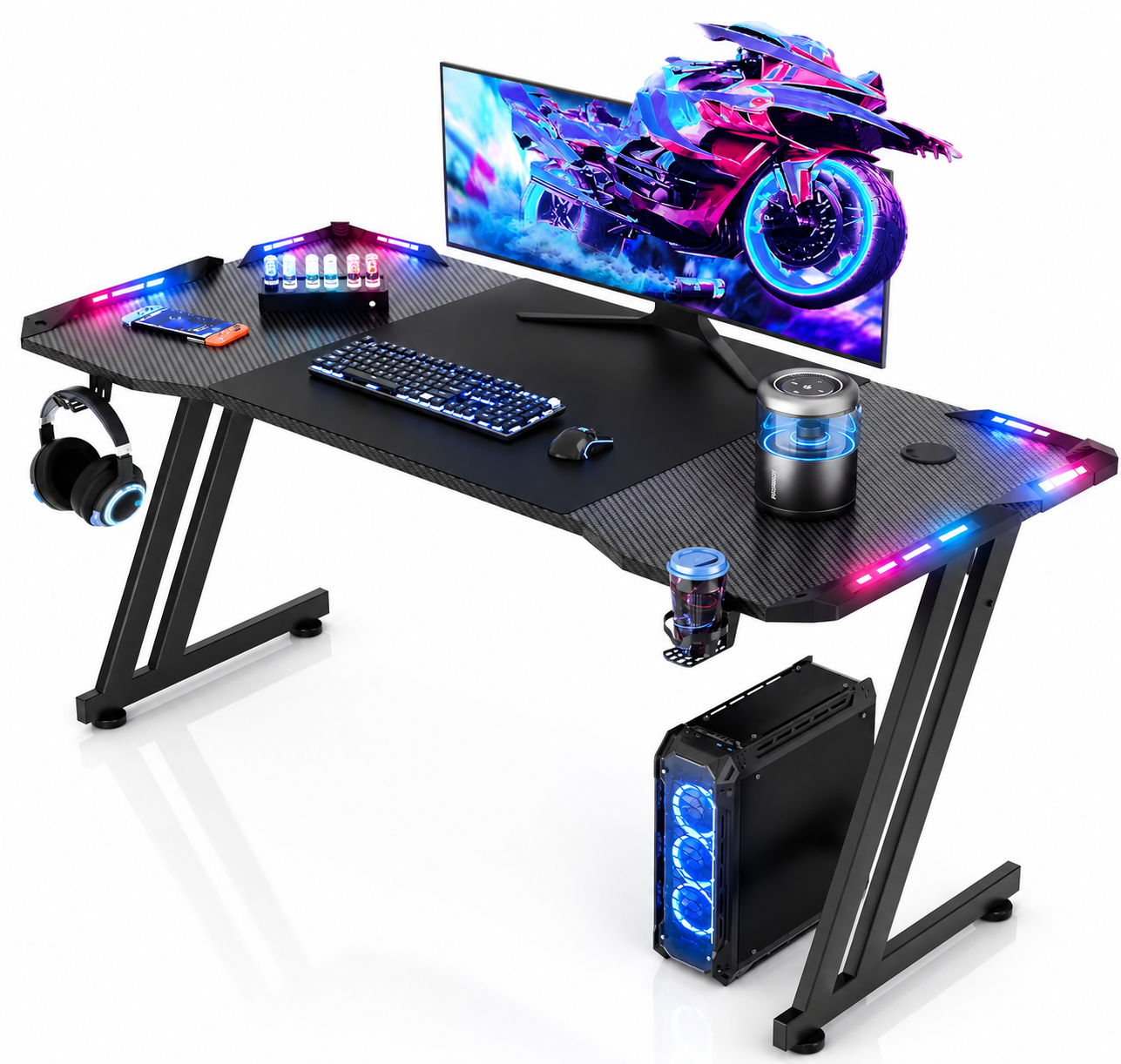 RGB Gaming Desk – Carbon Fiber Computer Desk with Accessories