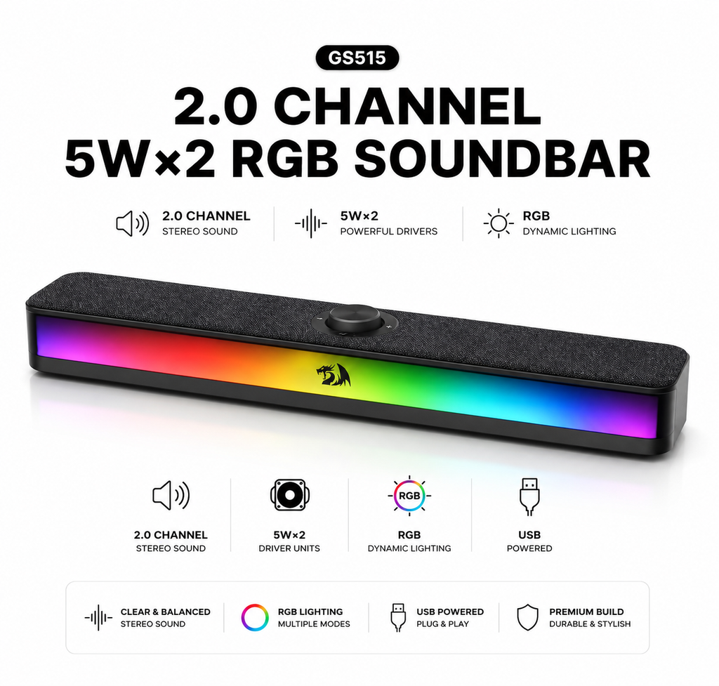 Redragon GS515 RGB 2.0 Channel Stereo Soundbar - Bluetooth 5.3 Speaker, USB Type-C