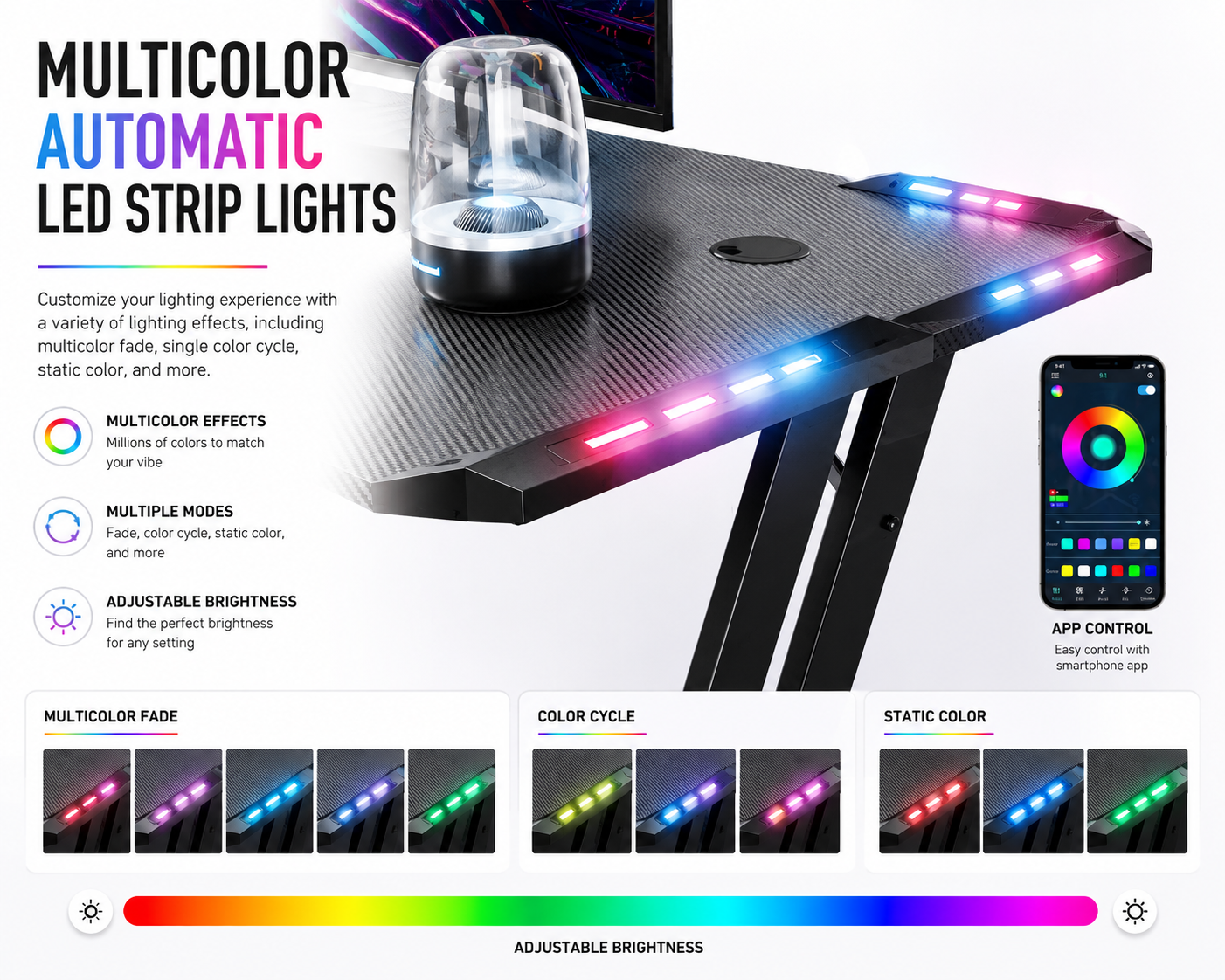 RGB Gaming Desk – Carbon Fiber Computer Desk with Accessories